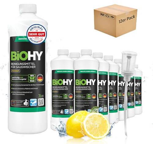 BiOHY Rengöringsmedel för sugmopp med fräsch doft (12 x 1 liter) doserare | 1:200 koncentrat för alla våt- och torrdammsugare | perfekt för kakel, PVC, parkett, laminat och matta | remfri