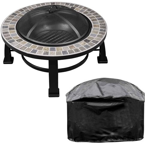 Dellonda 30 Deluxe Traditional Style Fire Pit, Fireplace, Outdoor Heater with Fire Poker, Safety Mesh Screen & Drawstring Cover - Slate Top - DG240