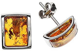 Bernstein Ohrringe von Artisana-Schmuck, moderne quadratische Ohrstecker mit Bernstein, Fassung 925/000 Sterling Silber rhodiniert