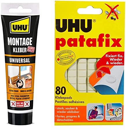 UHU Montagekleber UNIVERSAL Tube, Extra starker, lösungsmittelfreier Montagekleber auf Acrylatdispersion-Basis weiß, 200g & patafix weiß, wieder ablösbare Klebepads, 80 Stück (1er Pack)