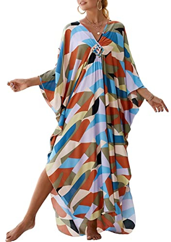 Bsubseach V-ringad kaftan, plus-storlek, cover-up, för badmode, fladdermusärm, strandklänning, för kvinnor, En Storlek