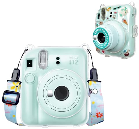 HIYQIN Housse Transparent pour Appareil Photo Instantané Fuji Instax Mini 12 – Coque Rigide Transparente pour Polaroid Instax Mini 12 avec Bandoulière et Autocollant - Vert
