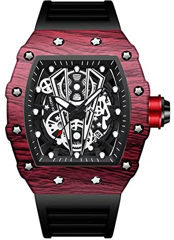 FORSINING Montre à quartz pour homme, design squelette, grand cadran, analogique, décontractée, pour les affaires, bracelet en silicone, montres militaires, Rouge B, Bracelet