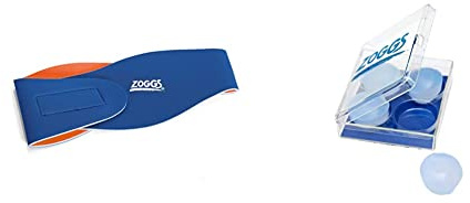 Zoggs Kids' Swimming Ear Band, Blue/Orange, Small/Medium & Silicone Reusable Ear Plugs for Swimming and Watersports, Clear, Pack of 4