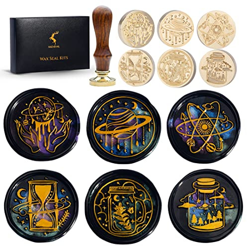 Wax Seal Stamp Kits, 6 pcs Wax Stamp Brass Head & 1 Wooden Handle, 6 Designs (Magic Hourglass/Planet/Space/Magic Forest/Mason Jar)
