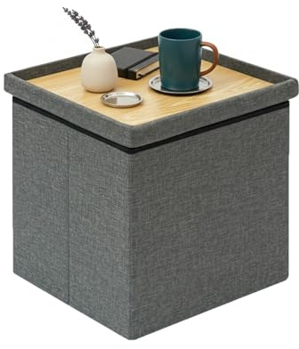 Bonlife Grey Ottoman Coffee Table,Toy Storage Box with Lid,Foldable Stool Seat Footstool with Storage,for Living Room,Bedroom,40.5x38.5x38cm