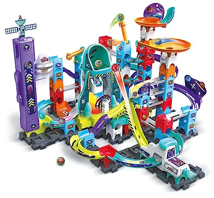 VTech - Marble Rush, Elektronische Kugelbahn, Space Magnetic Mission Set XL300E, magnetisches Bauspiel, 120 Teile, 10 Kugeln, Geschenk für Kinder ab 4 Jahren – Inhalt in Französisch
