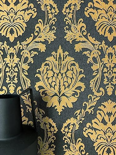 Newroom Vliestapete Schwarz Ornamente Glamour Tapete Wohnzimmer | Goldene Damast-Motive, tiefschwarzer Untergrund, Metallic-Glanz, opulente Mustertapete für Schlafzimmer
