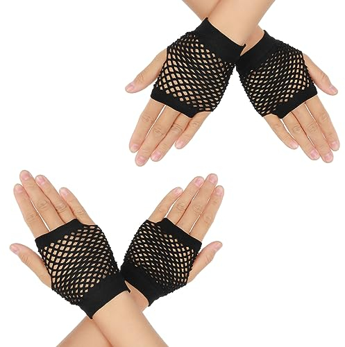 2 Paar Fingerlose Netzhandschuhe Damen Kurze Stretch Mesh Handschuhe Retro Nylon Fischnetz Handschuhe für 80er Jahre Mottoparty Halloween Cosplay Damen Kostümzubehör Fishnet Gloves (Schwarz)
