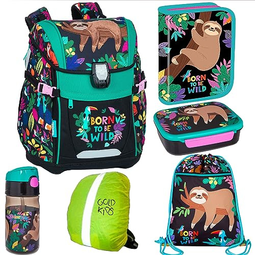 Goldkids Schulranzen Schulranzen-set Born to be wild Ranzen Kinderrucksack Federmappe Schuhbeutel Trinkflasche Brotdose Regenschutz Motivdruck Faultier 6-teilig