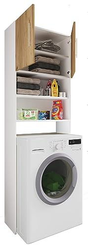 VCM Badmöbel Waschmaschinenschrank 64x25x190 cm 2 Türen 5 Fächer | Platz für Handtücher, Waschmittel und Pflegeprodukte - über der Waschmaschine - für Singles und Paare - Holzwerkstoff