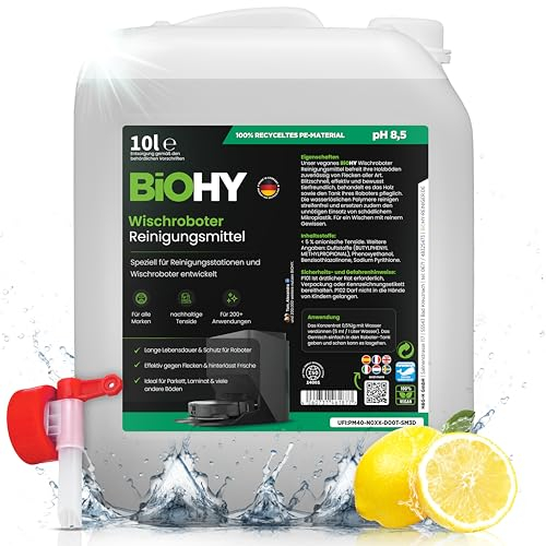 BiOHY Wischroboter Reinigungsmittel für Reinigungsstationen mit Frischeduft (10 Liter Kanister) + Auslaufhahn | Verlängert die Lebensdauer der Absaugstation | Schaumarmes Bodenreiniger Konzentrat