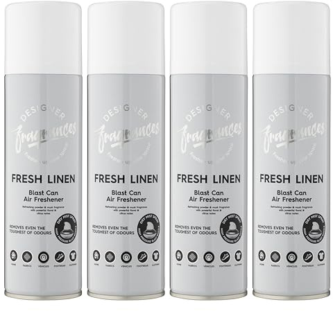 Designer Fragrances 4 Pack Fresh Linen Air Freshener Blast Cans - For Home & Vehicles – Natural Oils, Luxury Lasting Smell, Dry Mist Quick Release Spray – Deodorise & Neutralise Odours – 300ml