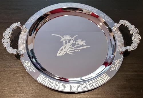 Plateau oriental rond avec poignées et gravures en métal 46 cm - Plateau à thé marocain de couleur argent - Décoration orientale sur la table de service moyenne