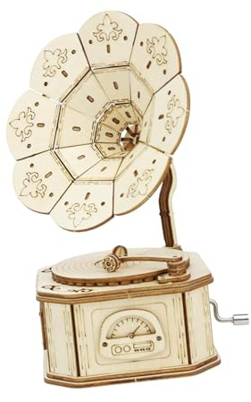 F Fityle 3D Wooden Puzzle Mechanical Building Kits Phonograph Vintage Collectibles Engraved Music Box Mechanical Music Box for Family, A