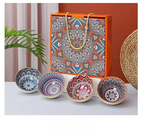 RYHMHA Ceramic Bowl Gift Set, Rice Bowls, Rice Plates, Soup Bowls, Dessert Bowls (Four Bowls Set-Bohemian Style)
