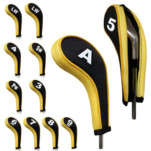 Lot de 12 housses de protection imperméables à fermeture éclair pour tête de club de golf 3-9, Pw, Aw, Sw, Lw, Lw, pour homme et femme (jaune)