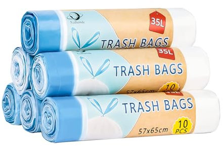 Xcdhemde 60 Stück Müllbeutel 35L - 57 x 65 cm，Mülltüten 35l mit praktischem Zugband, Reißfeste Müllsäcke, Wasserdichte Abfallsäcke für Zuhause oder Büro (Weiß)