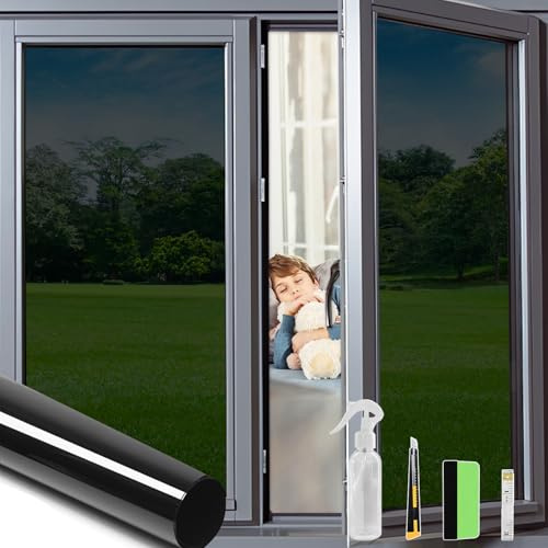 OFHome One Way Privacy Film with Installation Tools, Self Adhesive Window Tint for Home and Office, Anti Glare UV Sun Blocking Heat Control Reflective Mirror Daytime Glass Tinting, Black, 60x200cm