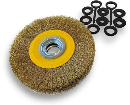 Lot de 3 brosses circulaires LAITON | Ø 200 mm | Epaisseur 3 rangs | Fil dur 0.30 mm ondulé | Alésage 32 mm + réducteur bague 25/22/20/16/12 mm | Touret affûteuse ponceuse | Kibros 238203LTx3