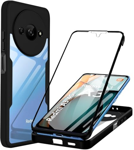 WeiCase Funda para Xiaomi Redmi A3 4G, Transparente 360° Protección Funda con Protector de Pantalla Integrado Antigolpes Silicona Carcasa para Redmi A3 4G, Negro