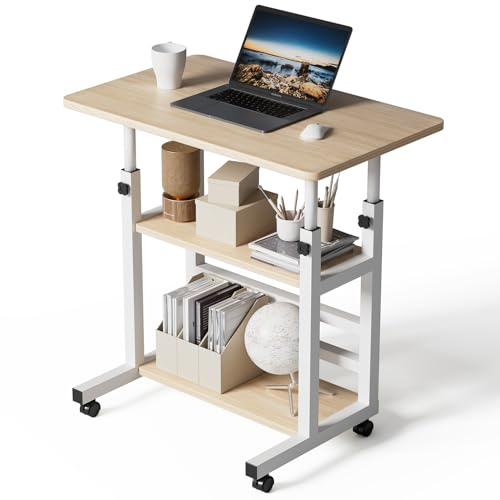 Warmiehomy Höhenverstellbarer Computertisch, beweglicher Bürotisch mit Rollen, Laptoptisch, Arbeitszimmer, Gaming-Desktop-Arbeitsplatz, 2 Ablagen für Heimbüro-Möbel, 60 x 37 x 60-90 cm, Ahorn