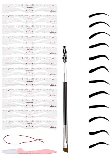 Eyebrow Stencil Shaper Kit,12 Pcs for Beginners Brush and Brow Razor Trimmer, Reusable DIY Eyebrow Stencils Template for 3 Minutes Makeup(with 1 Straps and 1 Eyebrow Razor Trimmer)