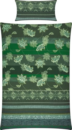 Erwin Müller Flanell Bettwäsche, Bettgarnitur mit orientalischen Blumen-Ornamenten grün Größe 40x80 cm / 135x200 cm - klimaausgleichend, mit Reißverschluss, 100% Baumwolle (weitere Größen)
