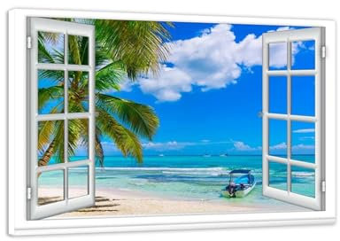 MUHJDYC Fensterblick Bild-Natur Leinwandbilder-Strand Meer palme-Landschaftbilder auf Leinwand-3D Fenster Wandbilder Wohnzimmer Fertig zum Aufhängen 30x45cm Umwickelte Leinwand
