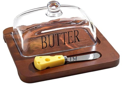 Duroecsain Mantequillera con tapa para encimera, Mantequillera de vidrio con tapa | Soporte para mantequilla con cúpula de queso Cloche de vidrio - Plato con tapa, bandeja para mantequilla, platos