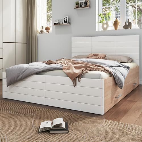 Lcoho Doppelbett Holzbett Bettanlage 140×200cm mit 2 Schubladen,Modernes Bett inkl. Bettgestell &Lattenrost-207×80×145cm (L×H×B) Set in Eiche/Weiß(Ohne Matratze) (140x200cm)
