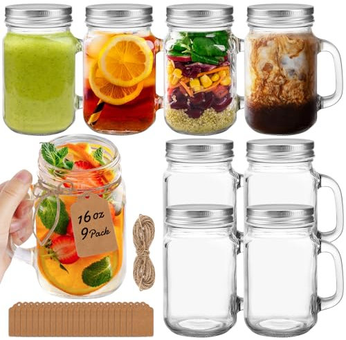 Jaisie.W 16 oz Mason Jars with Handle 9Pack, Mason Jar Mugs with screw top lids with rubber seal- Pint Mason Jars 16 oz with Silver Lids for Drinks/Canning/Preserving/Meal Prep(16oz, Set of 9)