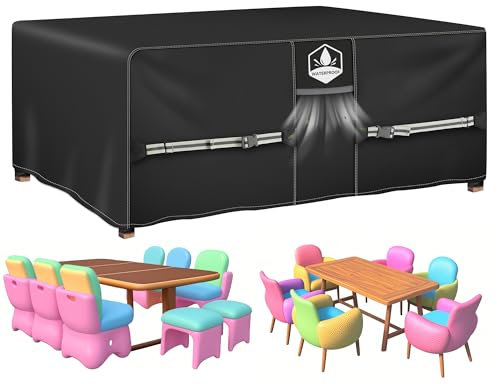 Rimwig Cubiertas impermeables para muebles de jardín, 180 x 120 x 74 cm, cubierta de mesa de patio con ventilación 420D, funda de muebles de ratán resistente Oxford para mesa y silla,
