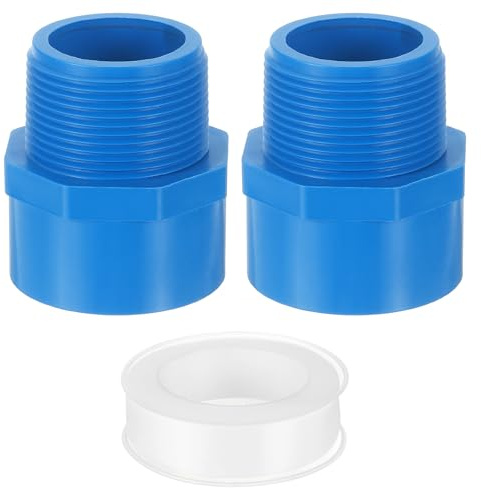 QUARKZMAN 2Pcs 50mm Adaptador Macho de PVC para Conexión de Tuberías, Conectores de Tubería de PVC de 2 Vías con Cinta Selladora (Enchufe x Rosca de Tubería Macho) (Azul)