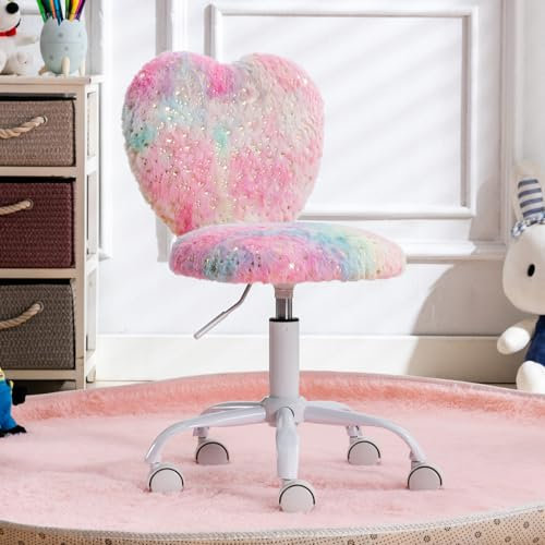 Ya-Home Kinder Schreibtischstuhl aus Kunstfell Jugenddrehstuhl Höhenverstellbar Kinderdrehstuhl ohne Armlehne Studienstuhl Computerstuhl mit Herzförmiger Rückenlehne für Kinderzimmer(Bunt)