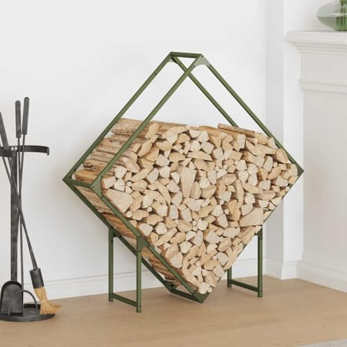 Gecheer Firewood Log Rack Metal Log Store Holder for Outdoor Indoor Metal Fireplace Wood Storage Shelf Olive Green 100x25x100 cm Cold-rolled steel