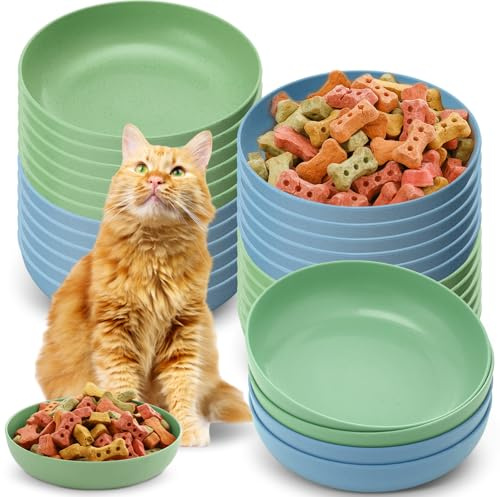 Tioncy 24 Pcs Cat Food Bowl 5.5'' Fatigue Relief Shallow Cat Food Dish Wide and Small Pet Wet Plate Wide Stray Wet Feeding Bowl for Ferrets Feral Short Legged Kitten, Wheat Straw(Blue,Green,Classic)