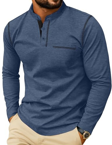 Sailwind Men's Henley Shirts Long Sleeve Button T-Shirt Casual Stylish Cotton Pullover Shirt with Pocket Blue