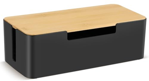 BEZORR Cable tidy box, cable management box, Cable organisers with Bamboo Lid for Hiding Messy Cables Wire Management,Cable Organizer Box for Desk, Cord Storage Management with Lid- Black