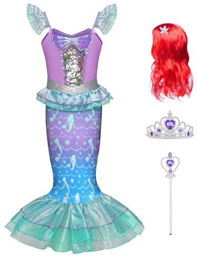 AYBUY Deguisement Robe Petite Princesse Costume pour Fille,Deguisement de Princesse avec Perruque Baguette Couronne,Filles Princesse Costume Habillage Fête d'Anniversaire Halloween Noël Cosplay,110