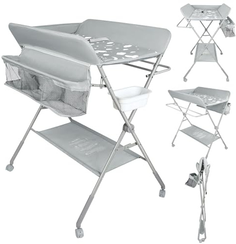 Commode à langer pliable pour bébé,Table à langer mobile avec ceinture de sécurité et compartiments de rangement,Combinaison à langer,Nés Design Ergonomique-80 * 58 * 90cm -gris clair