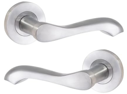Infinity Decor Pack of Twisted Satin Chrome Solid Brass Caris Lever on Rose Door Handles on Sprung Rose Lever Latch Pull Set - for Interior & Exterior Doors