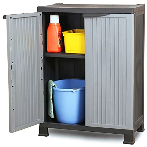 Qnhdfrt Grauer Kunststoff Aufbewahrungsschrank 68x39x92 cm mit 2 Türen und 2 Böden, Abschließbar, für Zuhause Büro Garage Lagerraum, Platzsparendes Design