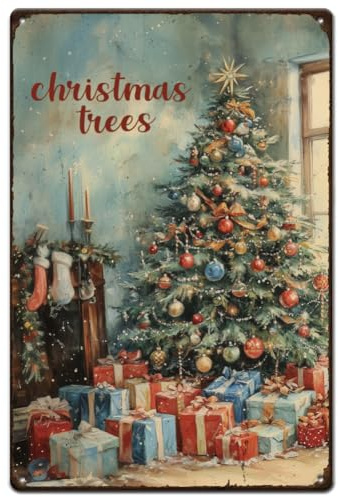 SUPERDANT Letreros de metal con regalos de árbol de Navidad cartel de chapa feliz Navidad paneles de pared de metal póster divertido vintage arte de pared para sala de estar dormitorio cafetería