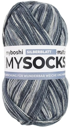 myboshi mysocks Merino, extra weiche 4-fädige Merino-Sockenwolle, 75% Schurwolle, 25% Polyamid, filzfrei, 100g, 420m Grau (Silberblatt), 1 Knäuel