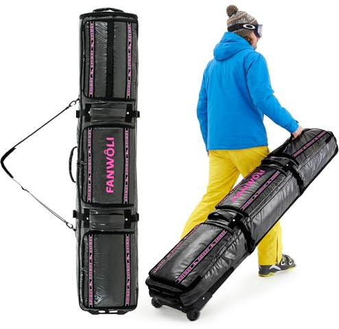 Fanwoli Ski Snowboard Bag with Wheels | Fully Padded Ski Bags for Air Travel | Fits 165-175cm Skis/Snowboard & US 13 Boots | 900D Waterproof TPU & Shoulder Straps | Expandable & Foldable (M)