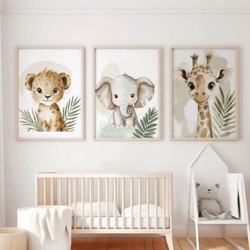 Xiyocadt 3er Tier Poster Set, Bilder Kinderzimmer, Elefant - Giraffe - Löwe, Dekor im Babyzimmer, Sicher und geruchlos moderne Wandbilder, ohne Rahmen (30 x 40 cm)