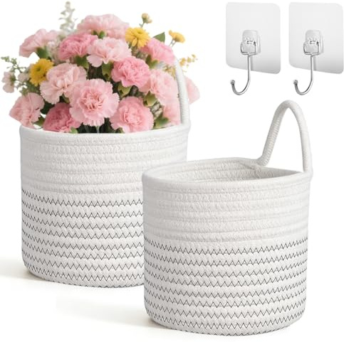 Hängkorgar av bomull, arrangör, förvaringskorg, väggkorgar med handtag 15 x 15 cm, förvaringskorgar för kök badrum sovrum vardagsrum, organiseringskorg för upphängning (vit + svart)