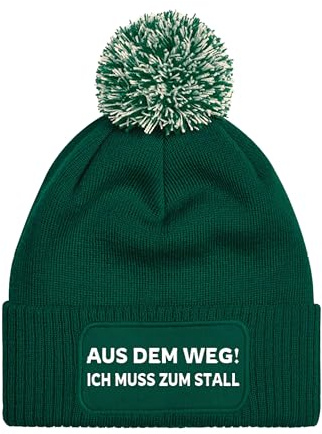 NIMAMA Pferd Beanie Mütze AUS DEM Weg ICH MUSS ZUM STALL - Damen Bommel Wintermütze mit Statement - Lustiger Spruch Strickmütze - Wollmütze als Geschenk für Frauen und Mädchen