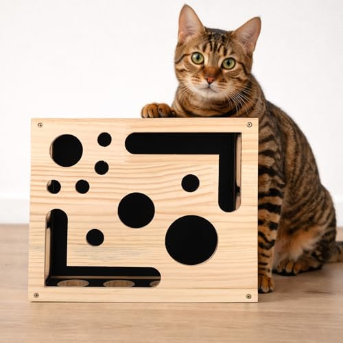 Sinbana Caja de Enriquecimiento con Rompecabezas para Rascar Gatos con Papel Lija en el Interior, Lima Uñas Interactiva Madera para Gatos y Rascador Lima de Uñas Antiestrés